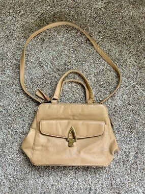 Aurielle Tan Leather Satchel with Gold-Tone Clasp Closure on front flap pocket